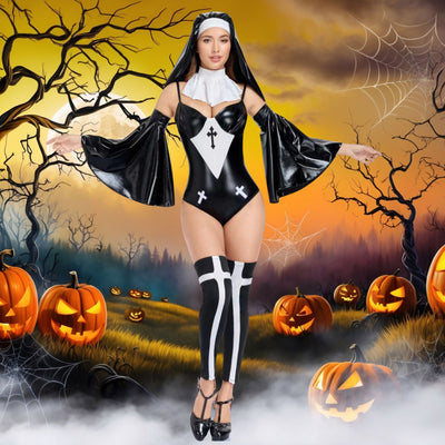 Halloween Nun Costume - Cross Detail Flared Sleeves