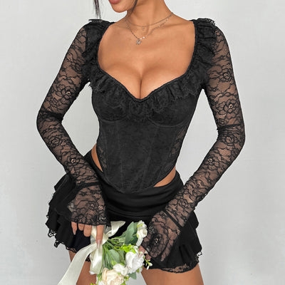 Lace Corset Top - Floral Long Sleeve Fitted Blouse