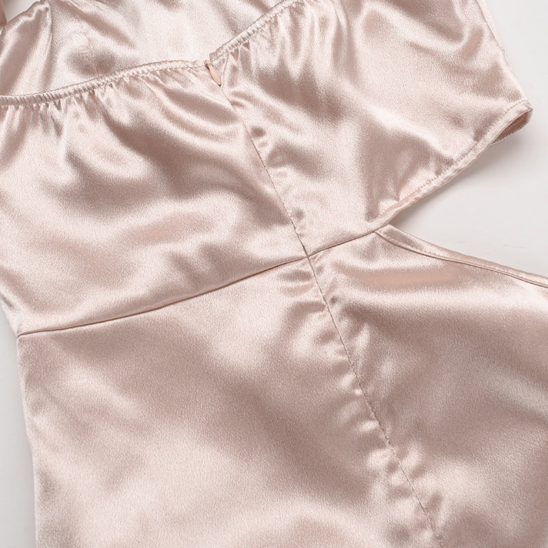 Champagne satin dress bodice with waistband seam and gathers