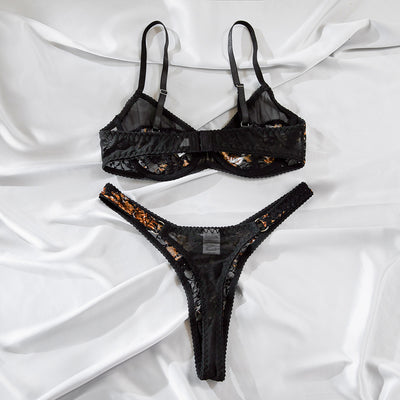 Gold Floral Lace Lingerie Set - Underwire Bra & Thong
