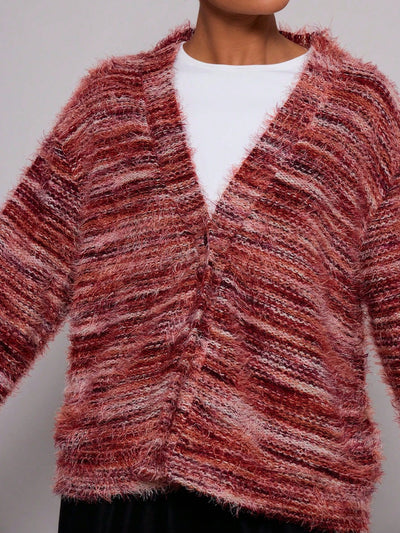 Melange Fleece Long Sleeve Cardigan - Vintage Deep V-Neck