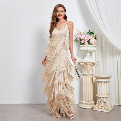 Apricot sleeveless maxi evening gown with layered fringe and V-neck, side slit