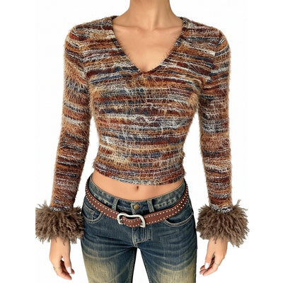 Open navel V-neck yarn dyed top for women