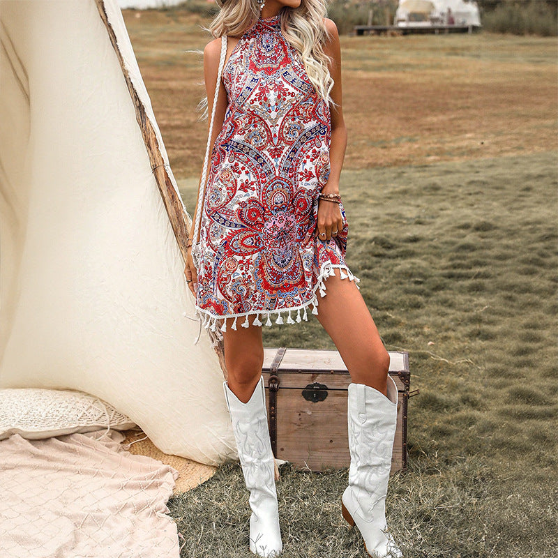 Red Paisley Halter Mini Dress - Boho Tassel Fringe Hem