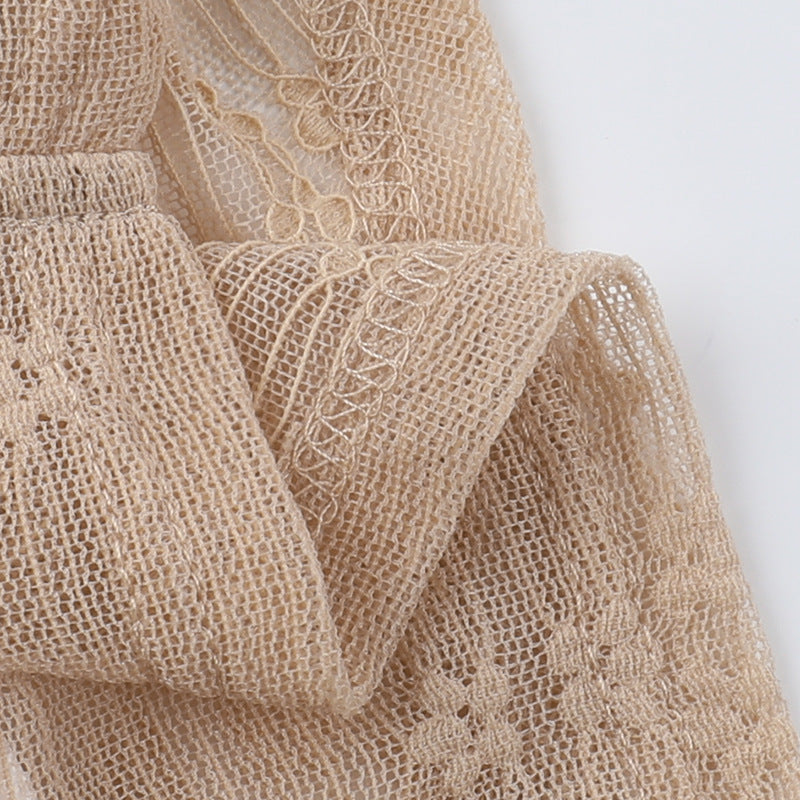Khaki lace crop top close-up of textured overlay and stitched seams