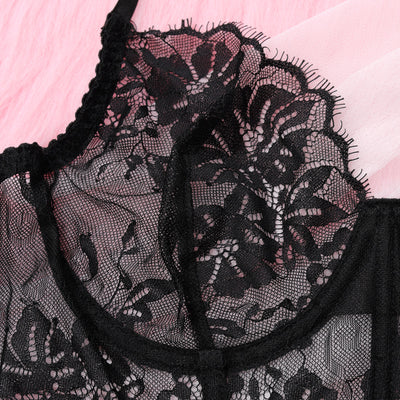 Black Floral Lace Lingerie Set - Longline Bra And Thong