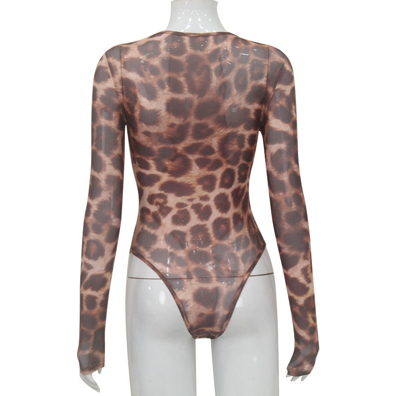 Leopard Print Mesh Bodysuit - Long Sleeve Sheer Crew Neck Snap Closure