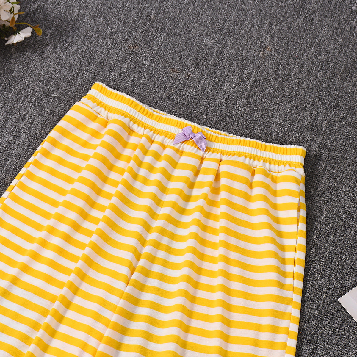 Striped Tube Top and Pants Set - Yellow Bow Detail Outfit