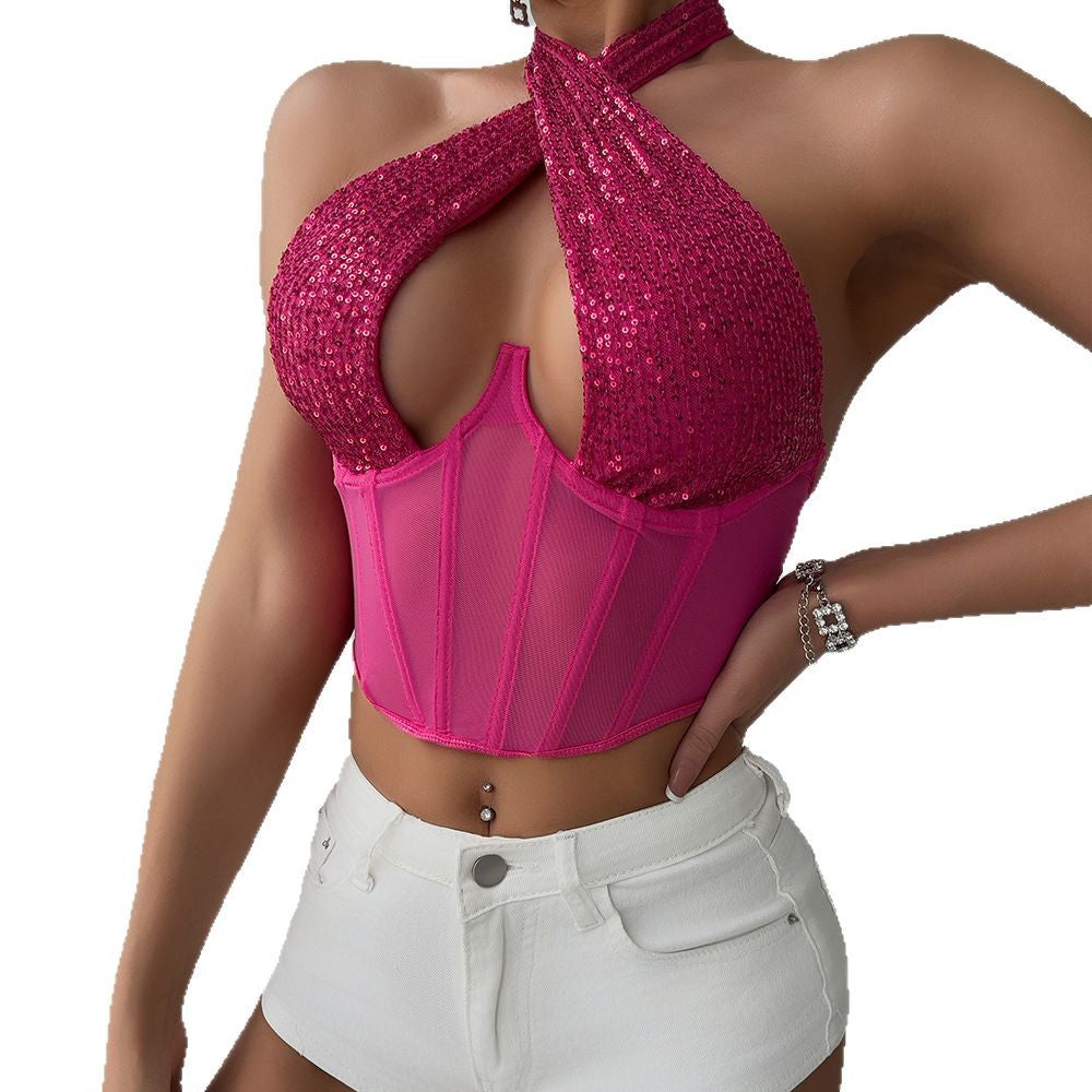 Sheer Mesh Bustier with Steel Ring and Boning Waist Shaping Diamond Small Camisole Halter Neck Top