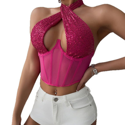 Sheer Mesh Bustier with Steel Ring and Boning Waist Shaping Diamond Small Camisole Halter Neck Top