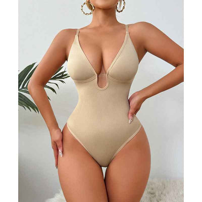 Deep V-Neck Thong Bodysuit - Tummy Control Shapewear