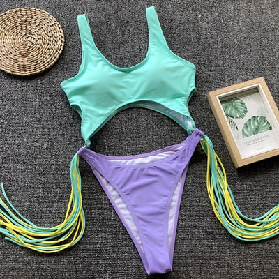 Cutout Monokini Swimsuit - Tassel Detail Halter - Fashions Envy
