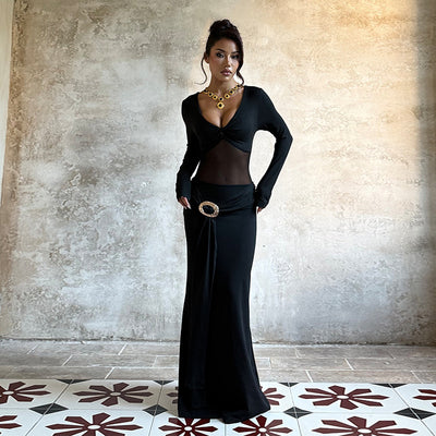 Black Mesh Maxi Dress - Long Sleeve V-Neck Evening Gown - Fashions Envy