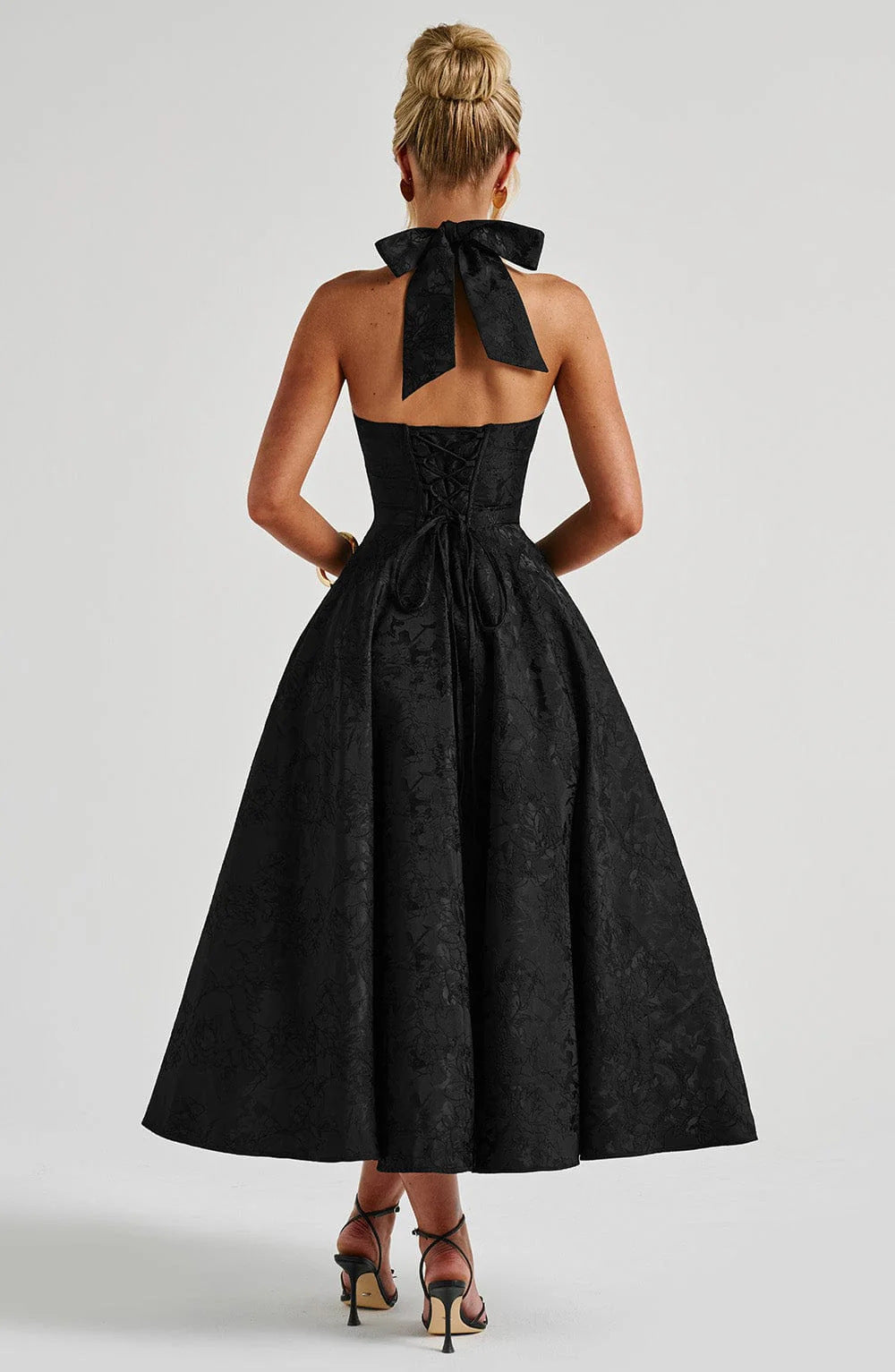 Jacquard Halter Midi Dress - Deep V Corset Waist A-Line Skirt