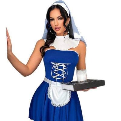 Women’s blue maid lingerie set with white collar, lace-up corset, and flared skirt