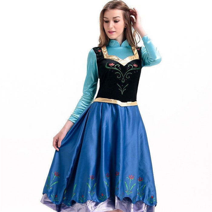 Three-quarter view adult princess dress: teal sleeves, black bodice, blue skirt with floral pattern