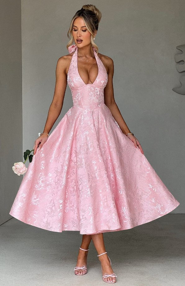 Jacquard Halter Midi Dress - Deep V Corset Waist A-Line Skirt