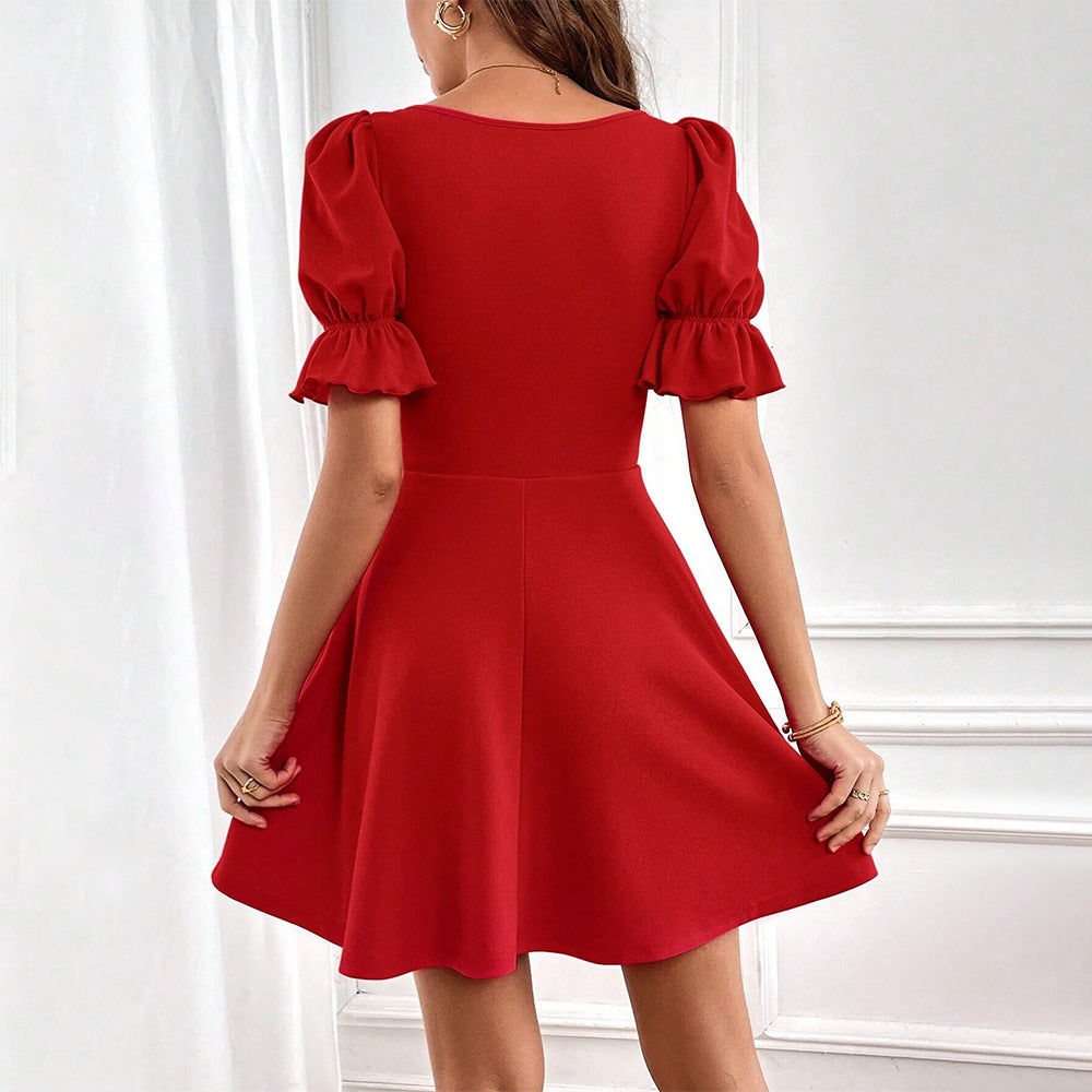 Red Square Neck Puff Sleeve Mini Dress - A-Line Ruffle Cuff