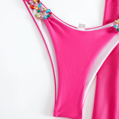 Three-Piece Bikini Set - Rhinestone Embellished Swimsuit - Fashions Envy
