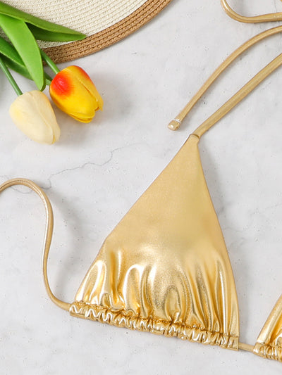 Metallic Halter Bikini Set – Shiny String Triangle Two-Piece