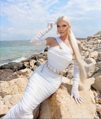 Sheer Mesh Backless Dress - White Halter Long Sleeve