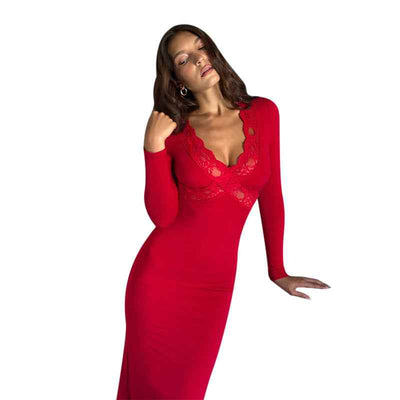 Lace Patchwork Maxi Dress - Red Long Sleeve Bodycon