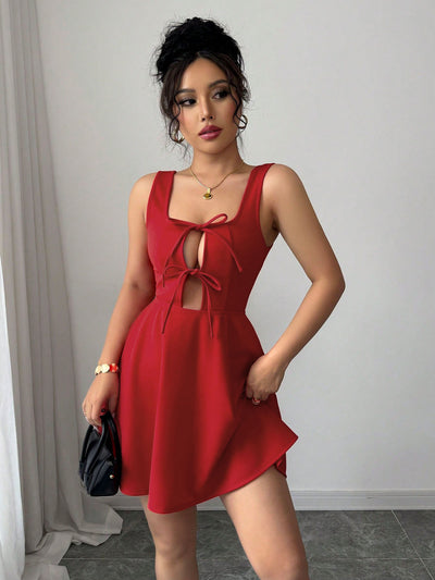 Red Bow Cutout Skater Mini Dress - Square Neck Tie Front