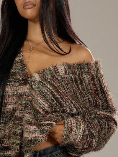 Melange Fleece Long Sleeve Cardigan - Vintage Deep V-Neck
