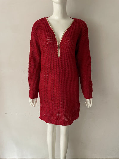 Red V-neck knit sweater dress with zip neckline and ribbed cuffs on mannequin