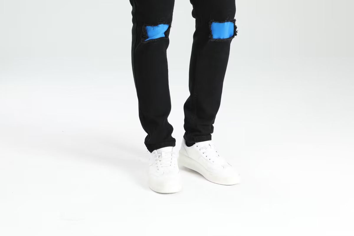 Men's Ripped Skinny Jeans - Contrast Patch Stretch Denim