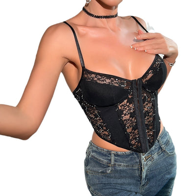 Black Sheer Sequined Corset Top - Sweetheart Neck Cami