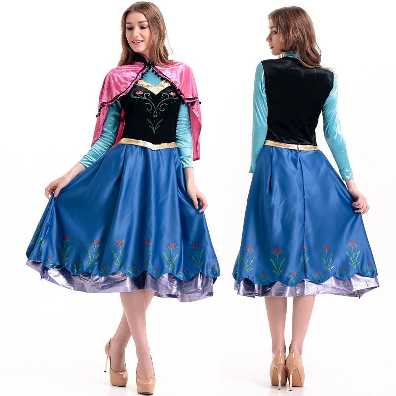 Adult princess-style dress with teal long sleeves, black bodice, blue skirt, pink cape
