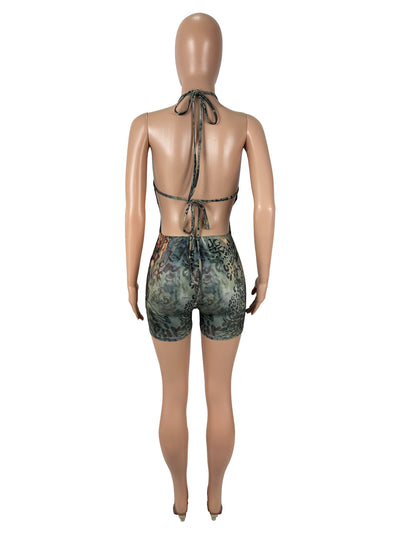 Halter Tie Romper - Plunge Cutout Keyhole Open Back Print