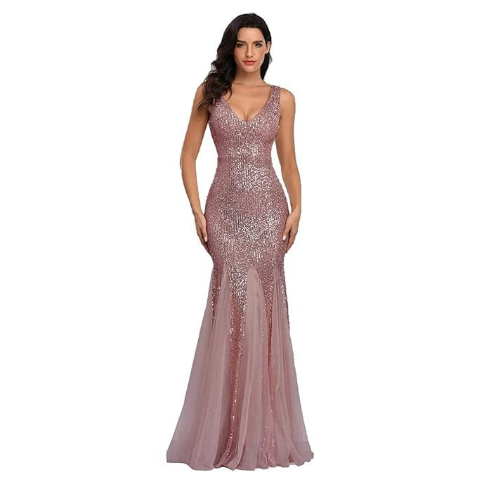 Sequin Mermaid Fishtail Evening Gown - Double V-Neck Tulle Hem