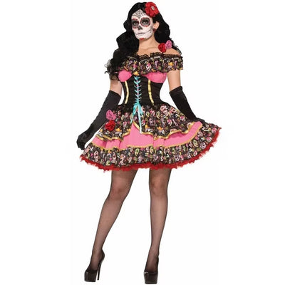 Halloween Sugar Skull Costume - Off-Shoulder Lace-Up Dress