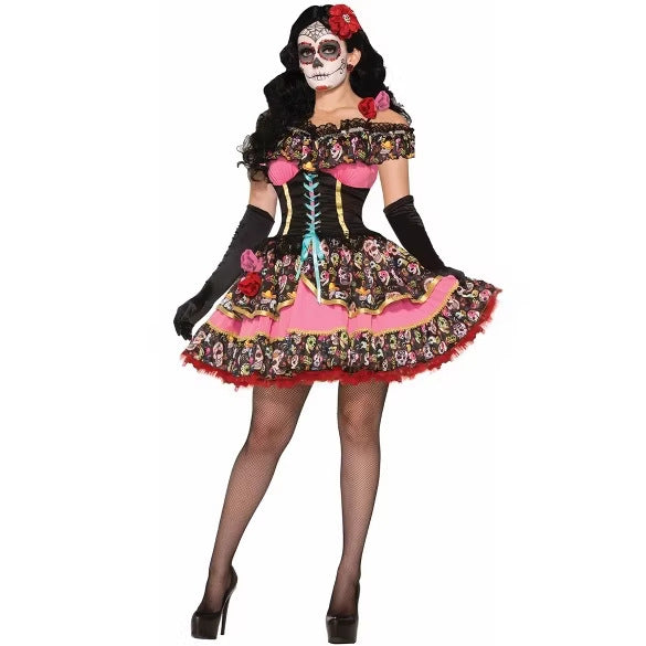 Halloween Sugar Skull Costume - Off-Shoulder Lace-Up Dress
