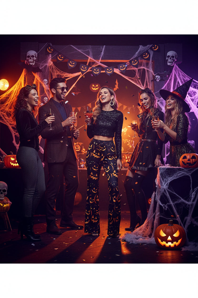 Four people posing together in a Halloween-themed party setting, wearing black outfits with orange jack-o'-lantern patterns. The background is decorated with fake cobwebs, hanging jack-o'-lanterns, skull cutouts, and a witch hat.