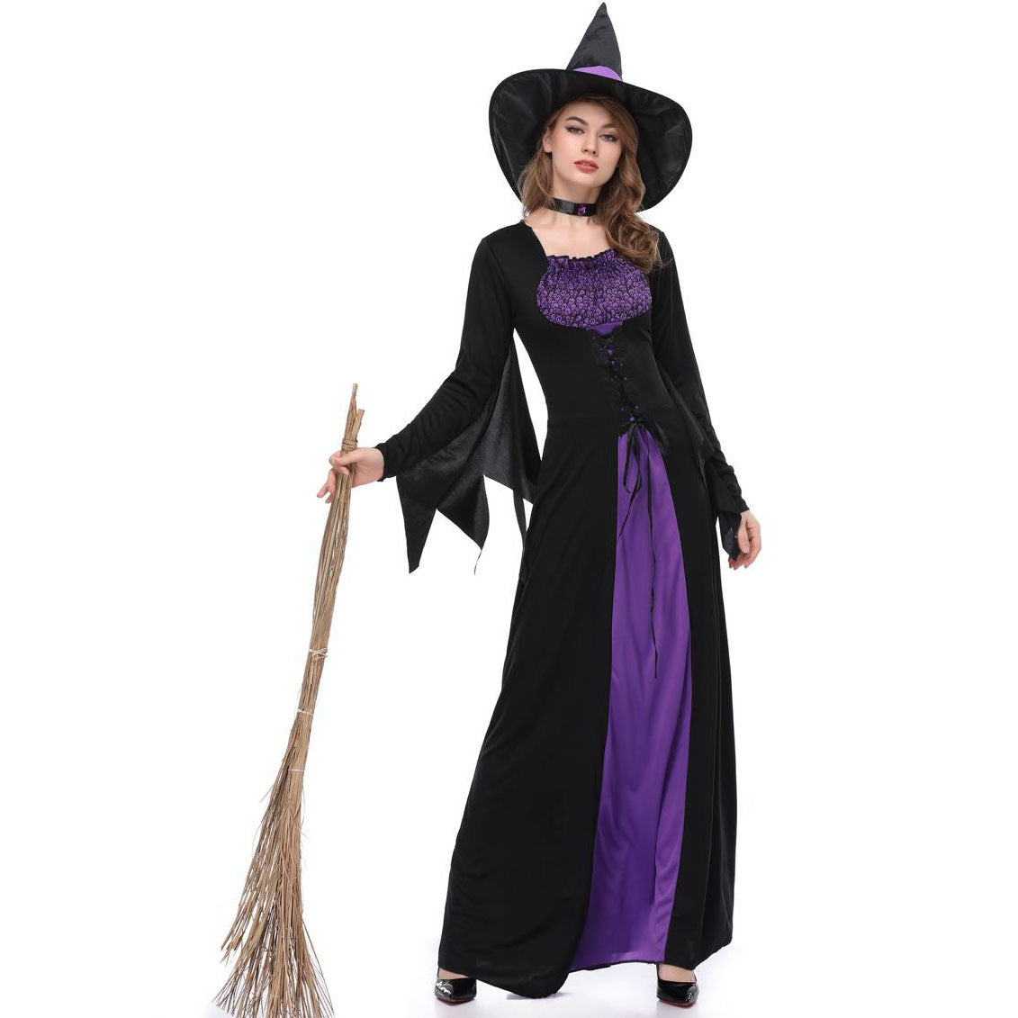 Black and Purple Witch Costume - Lace Bodice Flared Sleeves