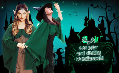 Two women modeling green witch and fairy costumes against a spooky Halloween-themed background with silhouettes of a haunted house, bats, and trees. A sign on the right reads 'Add color and vitality to Halloween!'.