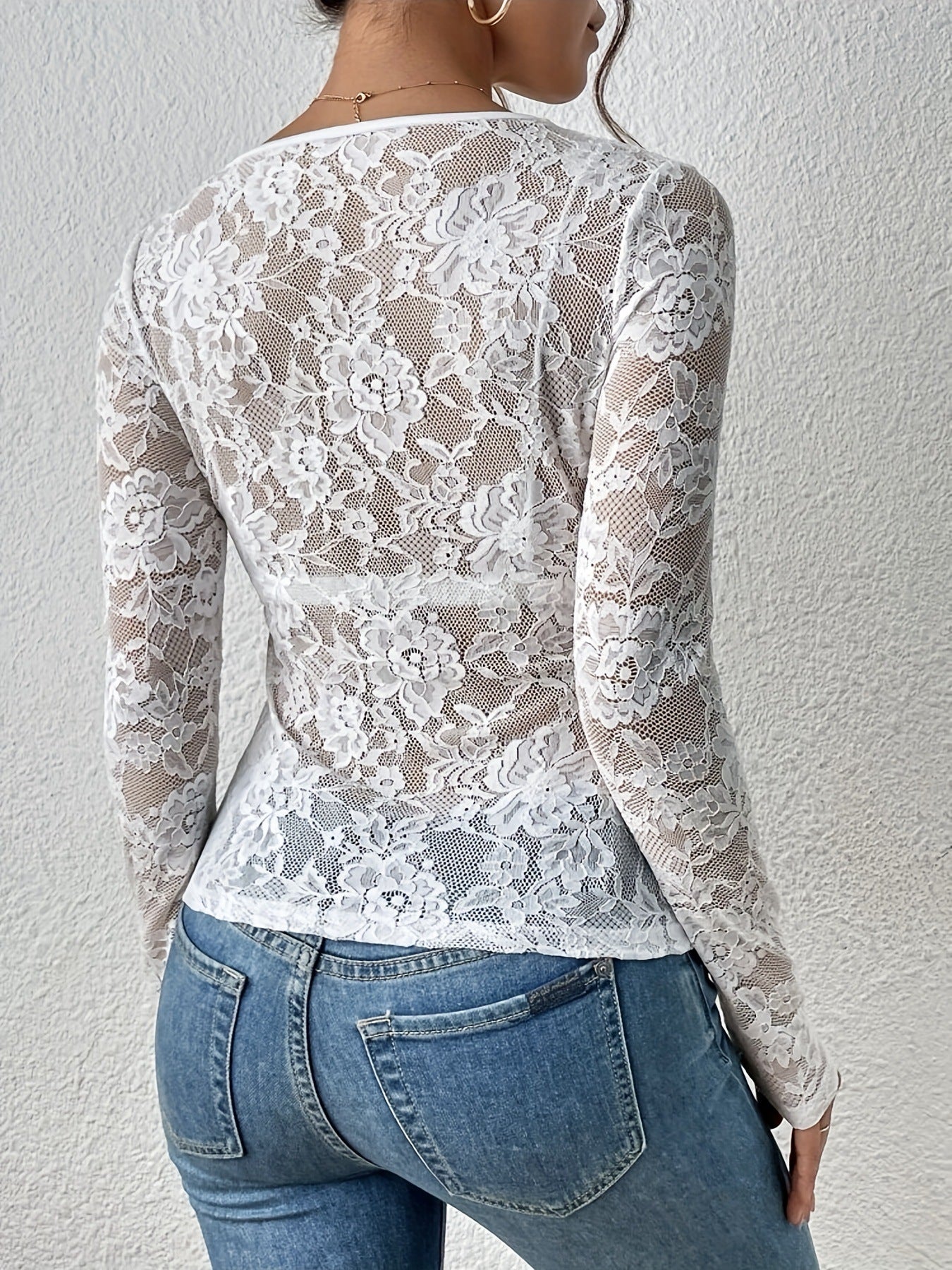 Intimate Lace Top - Sheer Floral Fan-Shaped Decoration