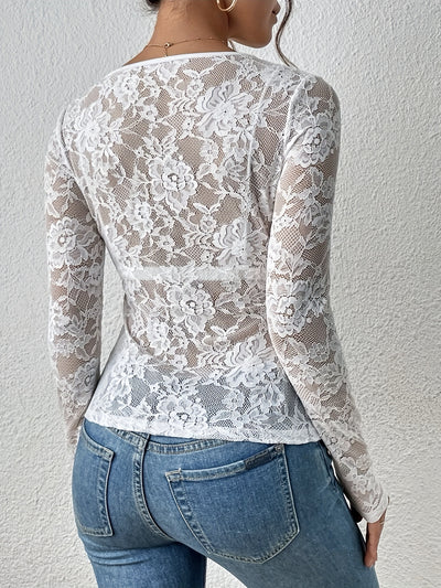 Intimate Lace Top - Sheer Floral Fan-Shaped Decoration