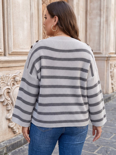 Back view of gray striped knit pullover sweater with wide bell sleeves