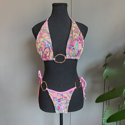 Pink Sequin Bikini Set - Matching Piped Sarong