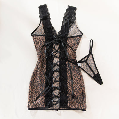Leopard print mesh chemise with black lace back and crisscross tie bow