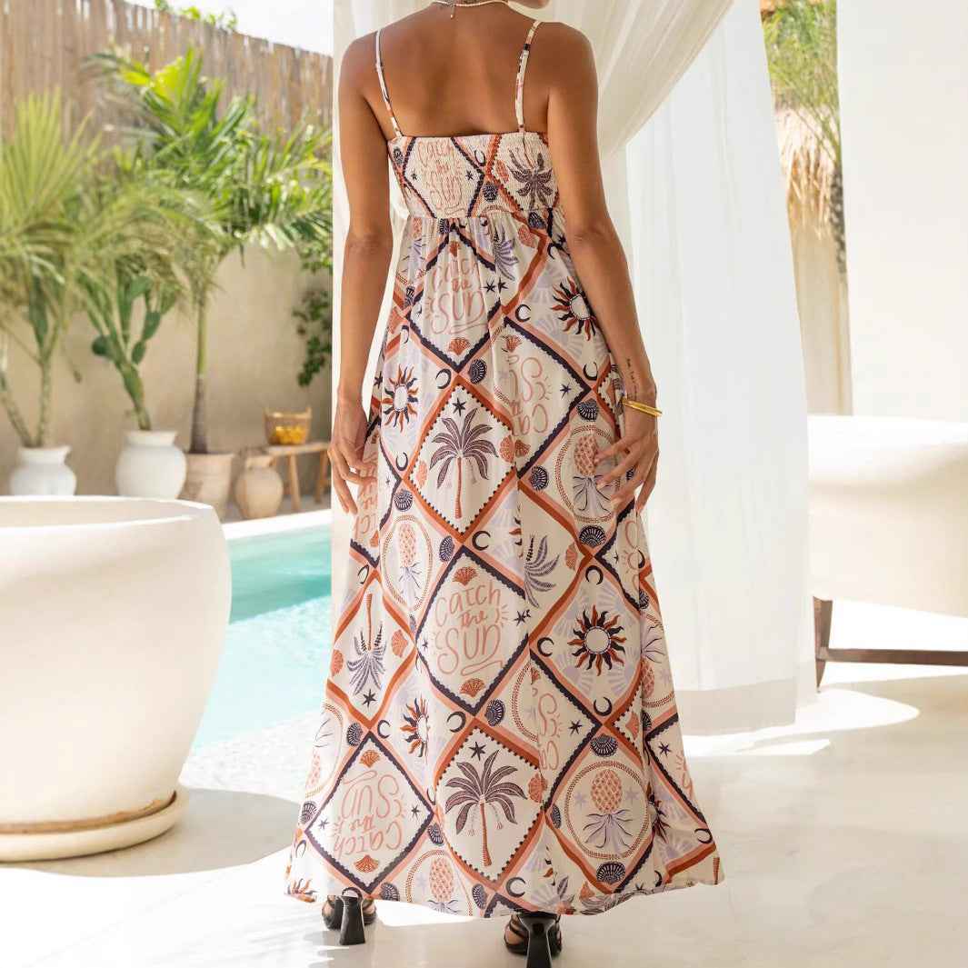 Summer Strap Abstract Tile Print Long Dress Bohemian Pocket Maxi Dress Beach Vacation Flowy Skirt