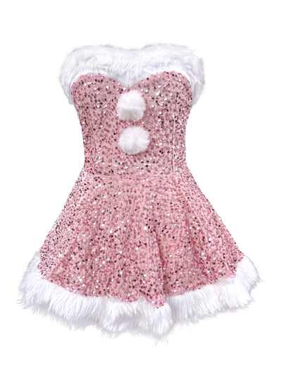 Sequin Santa Mini Dress - Strapless Faux Fur Trim Holiday Set