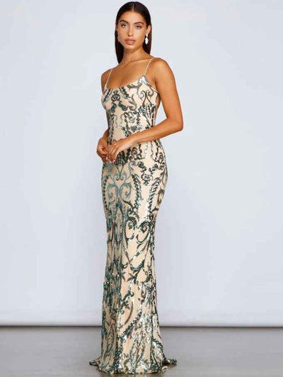 Green Sequin Maxi Dress - Emerald U-Neck Floor Length Gown