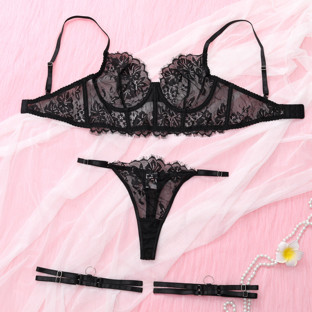 Black Floral Lace Lingerie Set - Longline Bra And Thong