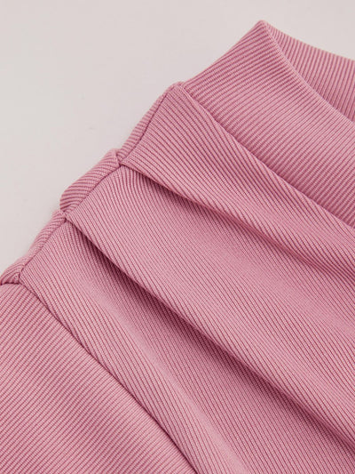 Pink V-Neck Crop Top Wide Leg Pants Set - Pleated Shoulder
