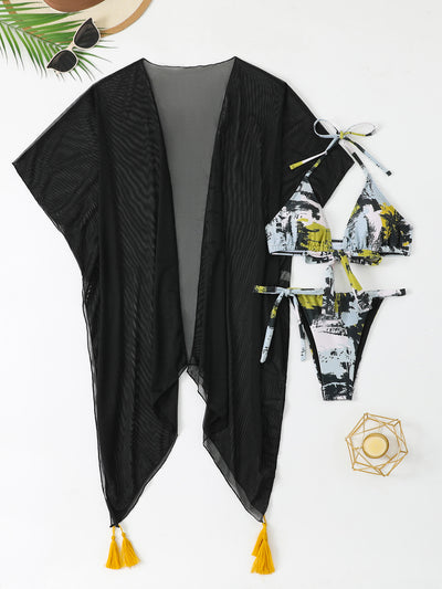 Black Mesh Cover-Up Bikini Set - 3 Piece Abstract Print
